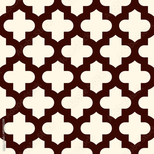 Seamless surface design with ogee ornament. Oriental traditional pattern with repeated mosaic tile. Tracery window wallpaper. Moroccan crosses motif. Arabesque digital paper, textile print. Vector art
