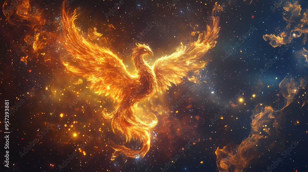 Fantasy background with enchanted phoenix bird. fantastic magical illustration. digital art. Phoenix. Illustration Fantasy background with enchanted phoenix bird. fantastic magical illustration. digital art. Phoenix. Illustration