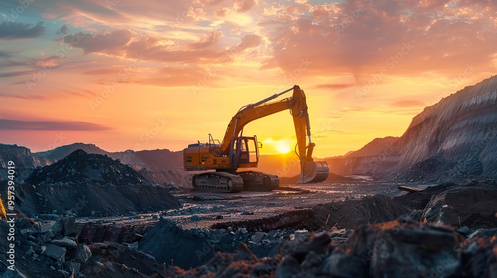 A construction site at dawn with heavy machinery. A construction site at dawn with heavy machinery.