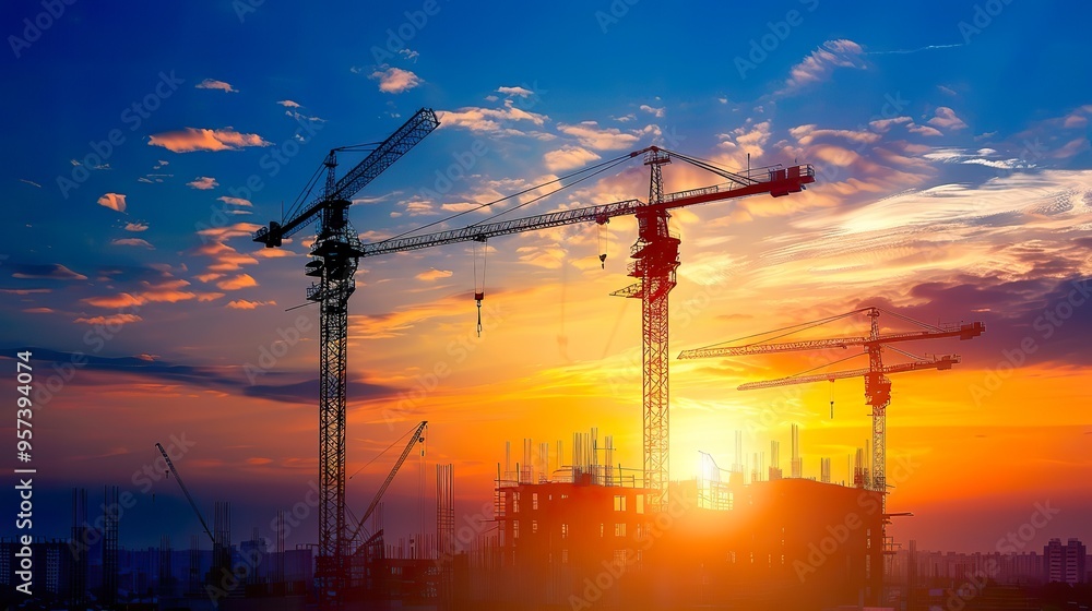 Naklejka premium A construction site at dawn with cranes silhouetted.