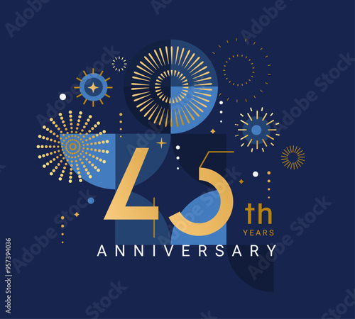 Anniversary 45, celebrating forty five years,45th anniversary.Elegant card for event with abstract golden fireworks and golden numbers on blue background with geometric pattern.Vector illustration
