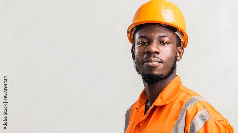 An African American man in construction attire poses An African American man in construction attire poses