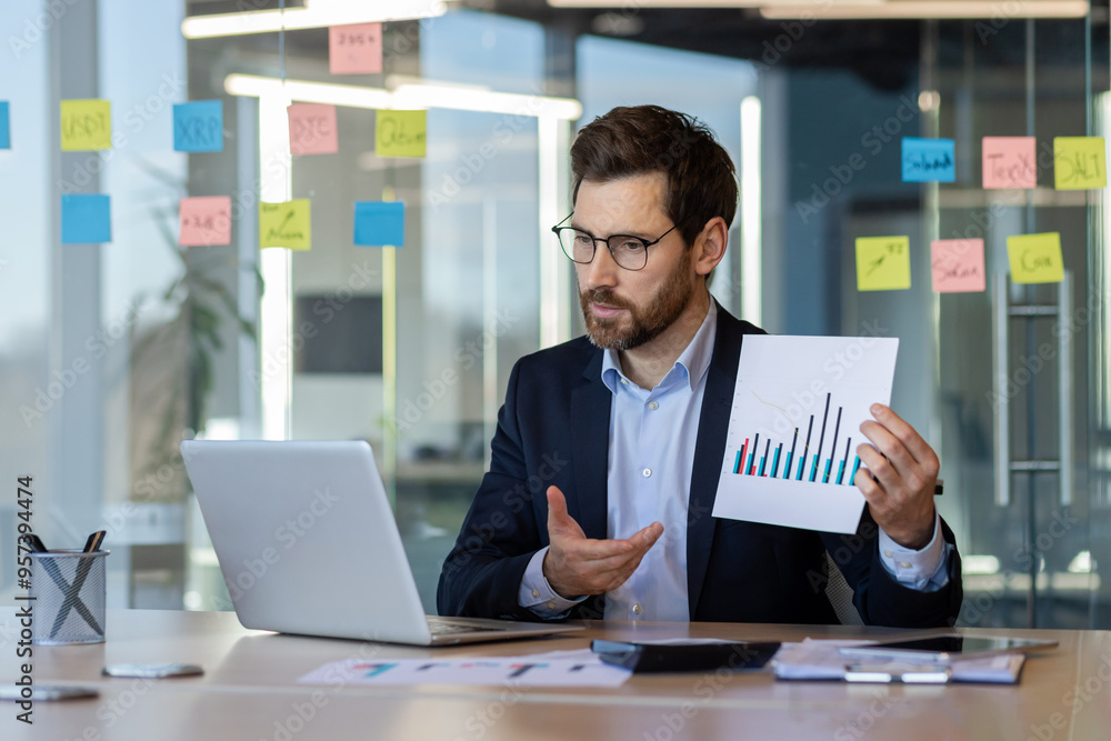 Businessman in virtual meeting presenting financial data Businessman in virtual meeting presenting financial data