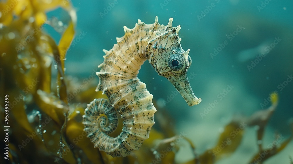 Close-up of a sea horse on a seaweedy oceanbed with blue water in the background and yellow seaweed in the foreground Close-up of a sea horse on a seaweedy oceanbed with blue water in the background and yellow seaweed in the foreground