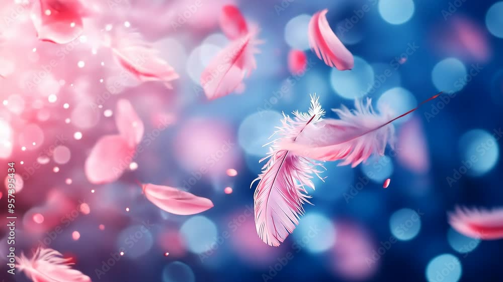 Pink feathers floating in the air, surrounded by pink petals and sparkling glitter. Pink feathers floating in the air, surrounded by pink petals and sparkling glitter.
