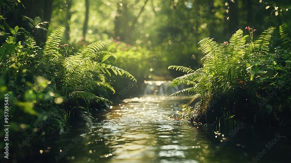 A lush green forest houses numerous trees, while a stream meanders through it A lush green forest houses numerous trees, while a stream meanders through it