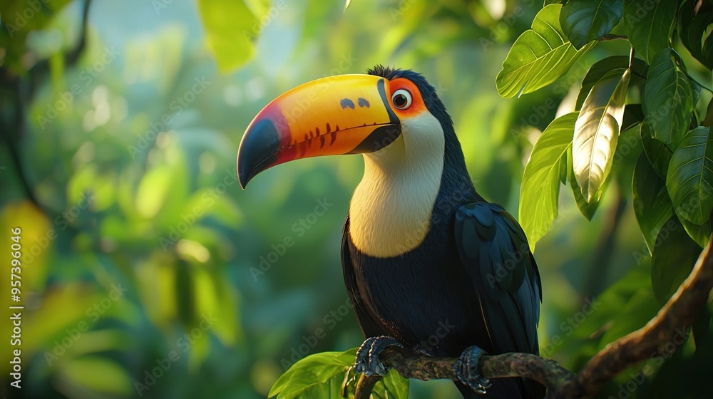 Fototapeta premium A vibrant toucan perched atop a verdant branch amidst emerald foliage, set against a backdrop of azure sky