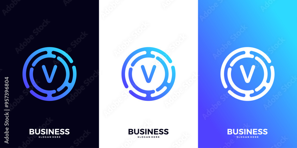 Letter V gradient tech logo design template. Abstract global symbol with circle connection logo. Letter V gradient tech logo design template. Abstract global symbol with circle connection logo.