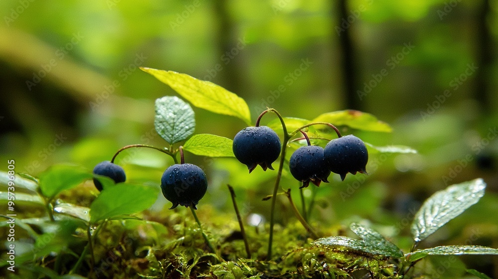 A cluster of blueberries rests atop a moss-covered ground, surrounded by a verdant plant A cluster of blueberries rests atop a moss-covered ground, surrounded by a verdant plant