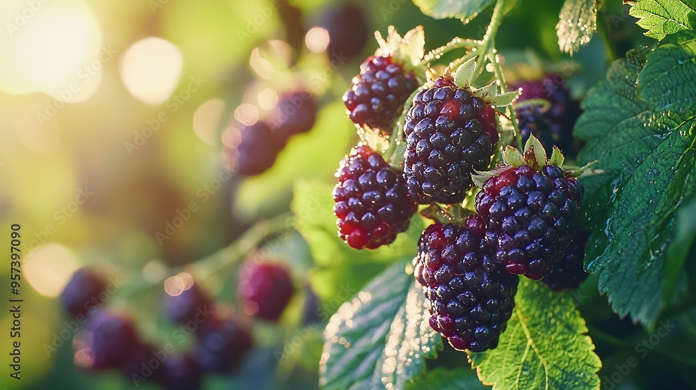 A high-resolution photo depicting a cluster of ripe berries on a lush foliage plant, illuminated by golden sunbeams filtering through the leaves A high-resolution photo depicting a cluster of ripe berries on a lush foliage plant, illuminated by golden sunbeams filtering through the leaves