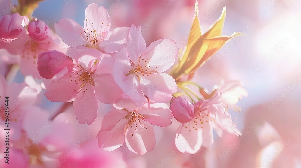 A close-up of pink flowers on a branch against a blue sky background A close-up of pink flowers on a branch against a blue sky background