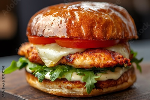 A tasty chicken sandwich made with mayonnaise, salad, tomatoes, a piece of grilled chicken and melted cheese in a brioche bun