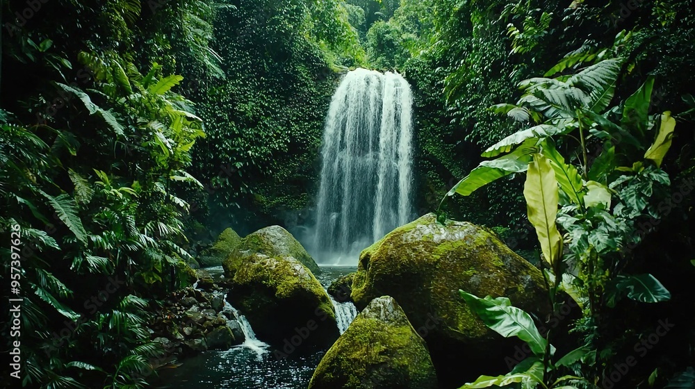 Obraz premium Waterfall surrounded by lush greenery and large rocks in the foreground