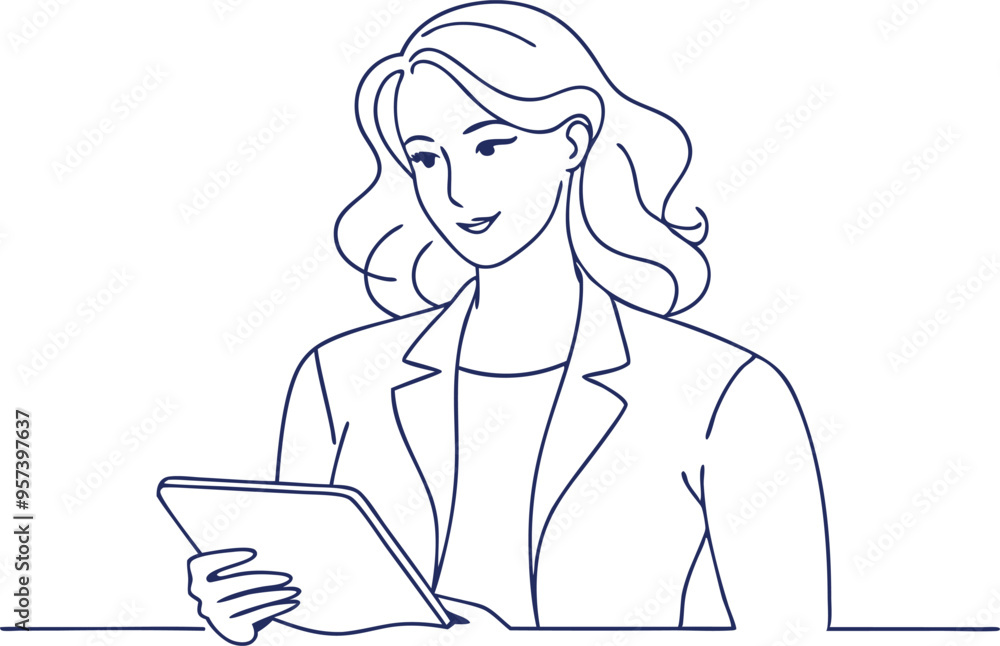continuous single line drawing of lady entrepreneur holding digital tablet pad standing , line art vector illustration continuous single line drawing of lady entrepreneur holding digital tablet pad standing , line art vector illustration