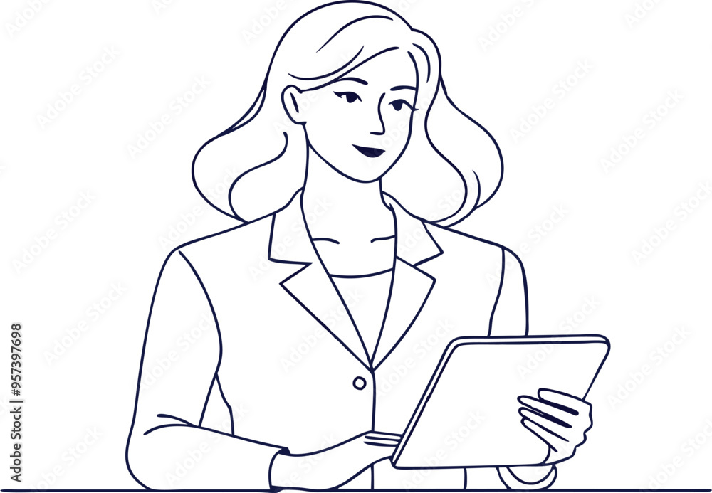 continuous single line drawing of lady entrepreneur holding digital tablet pad standing , line art vector illustration continuous single line drawing of lady entrepreneur holding digital tablet pad standing , line art vector illustration