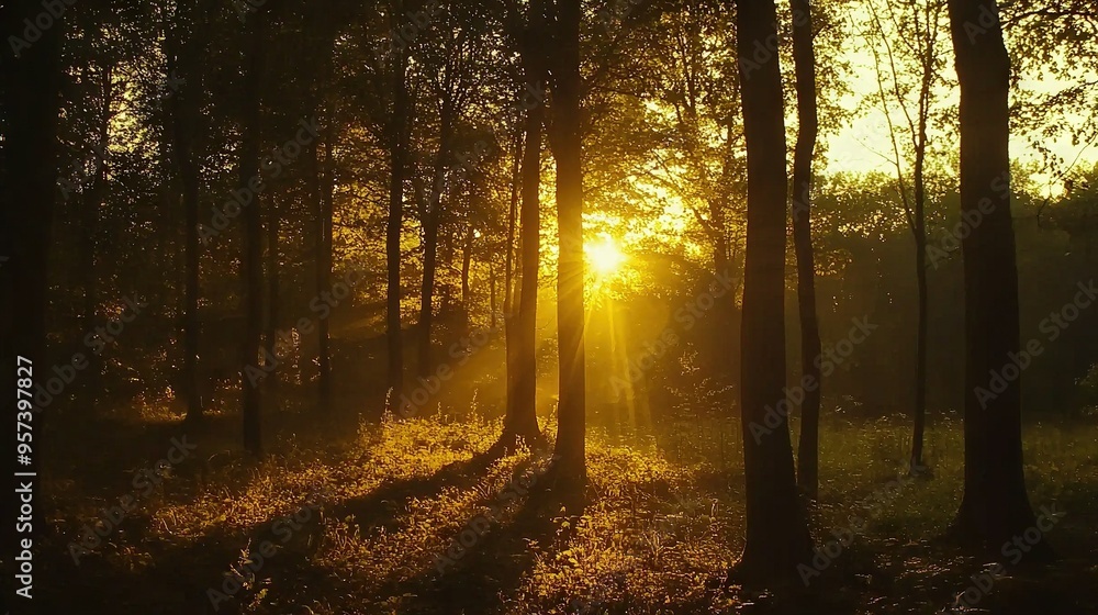 Fototapeta premium The sun filters through the tall trees in a wooded area with lush grass in the foreground