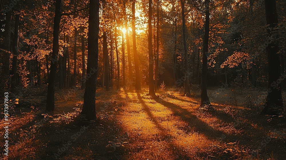 Fototapeta premium Sunlight filters through tall green and yellow trees in a leafy forest