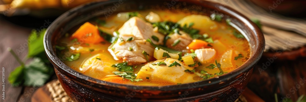 Close-up of a bowl of ajiaco soup featuring chicken and vegetables on a table. Horizontal composition. Close-up of a bowl of ajiaco soup featuring chicken and vegetables on a table. Horizontal composition.