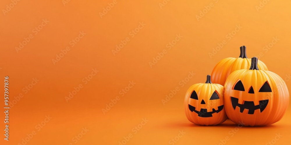 Halloween orange background with jack-o'-lantern pumpkin, black bats, and spider for seasonal banners - holiday, decoration, autumn Halloween orange background with jack-o'-lantern pumpkin, black bats, and spider for seasonal banners - holiday, decoration, autumn