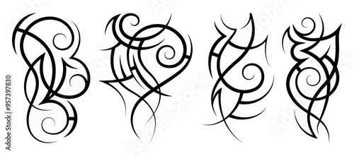 Neo abstract tribal tattoo set. Vertical black shoulder tattoo. Cyber sigilism style hand drawn ornament. Celtic gothic sleeve ornament shapes. Maori curl ethnic signs isolated on white background