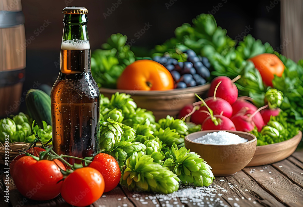beer, salt, fruits and vegetables. still life for a bar, pub with beer beer, salt, fruits and vegetables. still life for a bar, pub with beer