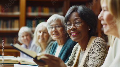 Diverse group of women in book club meeting in library, copy space