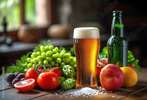 beer, salt, fruits and vegetables. still life for a bar, pub with beer