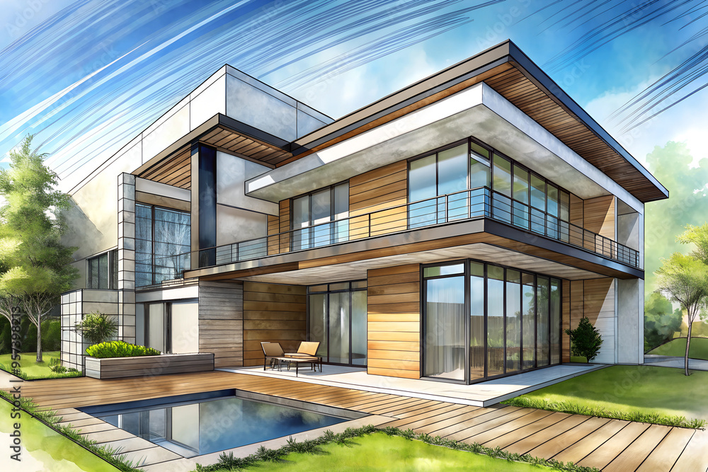 modern house with garden architectural sketch modern house with garden architectural sketch