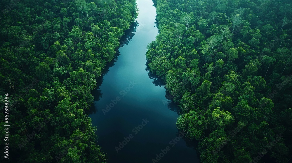 An aerial shot of a river winding through a dense forest, surrounded by towering trees on either bank An aerial shot of a river winding through a dense forest, surrounded by towering trees on either bank
