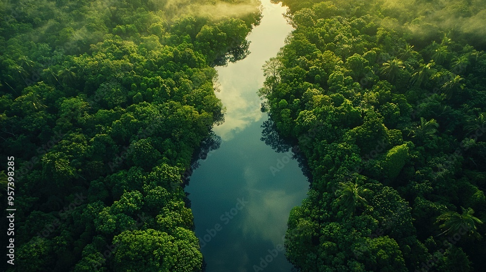 A river encircled by verdant trees in a woodland, bathed in sunlight filtering through distant cloudy skies A river encircled by verdant trees in a woodland, bathed in sunlight filtering through distant cloudy skies