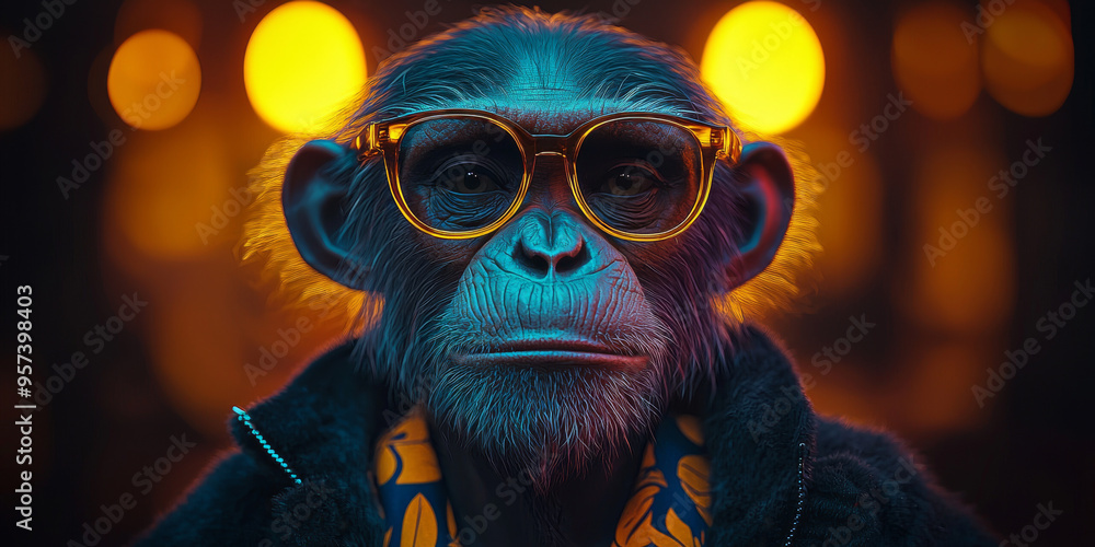 A cool monkey in yellow-rimmed glasses stares intensely at the camera. A cool monkey in yellow-rimmed glasses stares intensely at the camera.