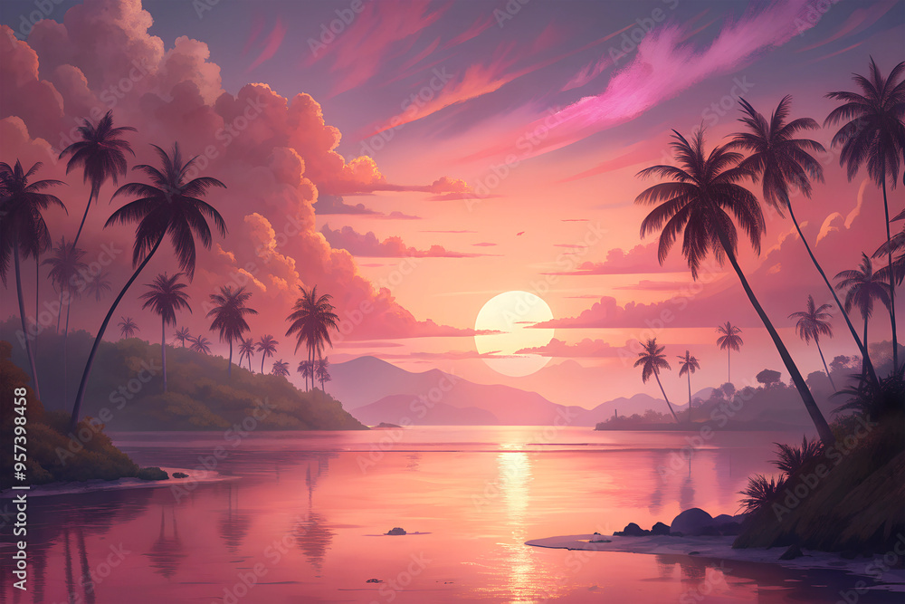 Fototapeta premium pink sunset on the palm beach illustration