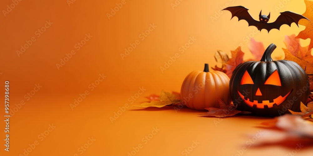 Halloween orange background with jack-o'-lantern pumpkin, black bats, and spider for seasonal banners - holiday, decoration, autumn Halloween orange background with jack-o'-lantern pumpkin, black bats, and spider for seasonal banners - holiday, decoration, autumn