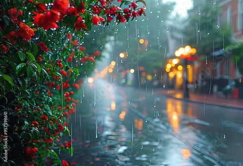 Blurred background with a street in the rain, city lights on a dark wet street