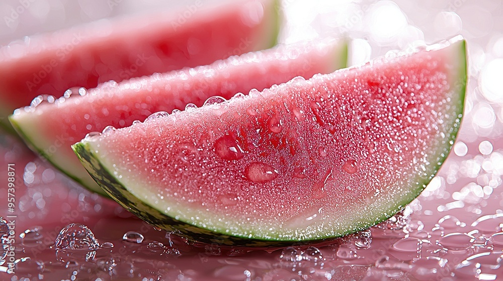 Watermelon slices stacked atop a table with droplets of water falling onto one Watermelon slices stacked atop a table with droplets of water falling onto one