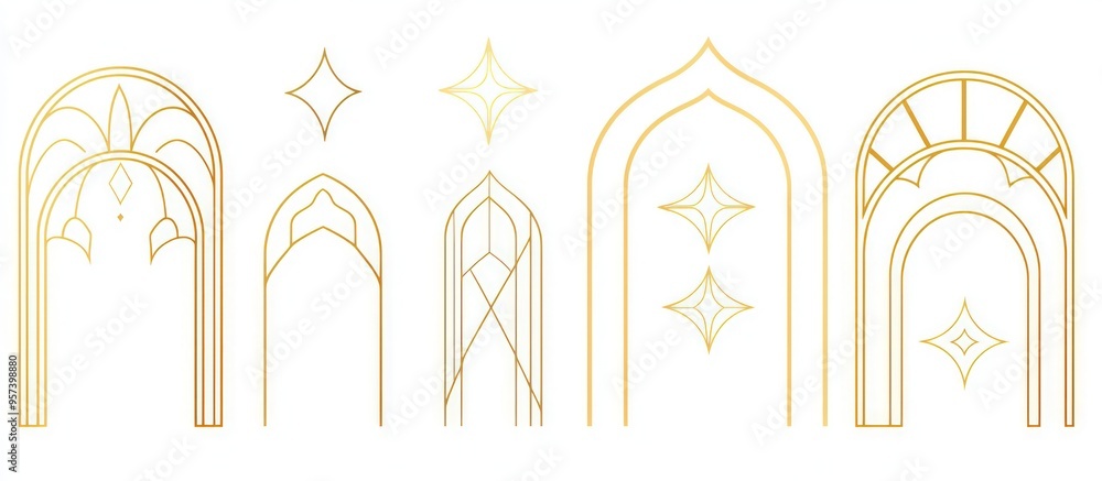 Decorative golden arch and star elements for festive design projects, vector illustration. Decorative golden arch and star elements for festive design projects, vector illustration.