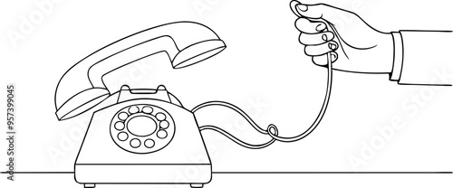continuous single line drawing of hand picking up receiver of rotary dial telephone , line art vector illustration