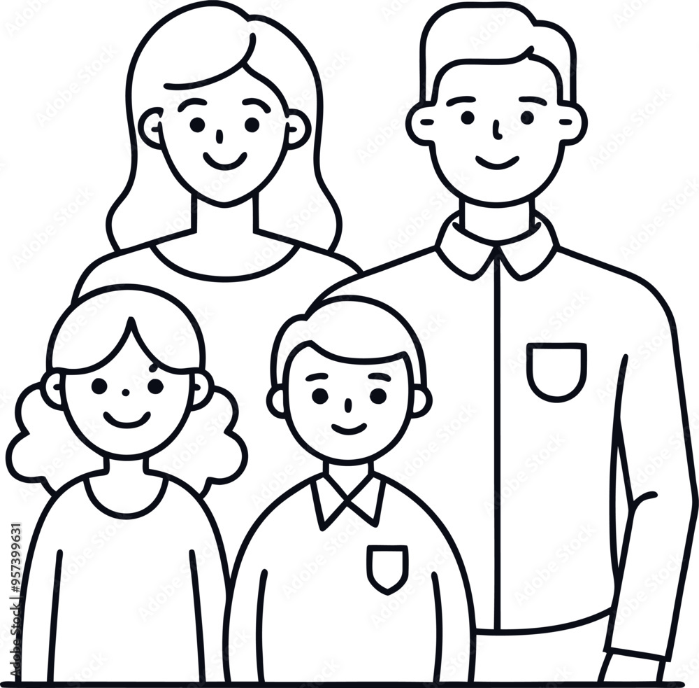 Minimalist Line Drawing of a Smiling Family of Four 