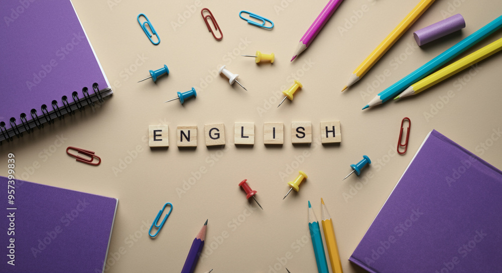 Stationery with English learning materials colorful paper clips and pencils for educational use Stationery with English learning materials colorful paper clips and pencils for educational use