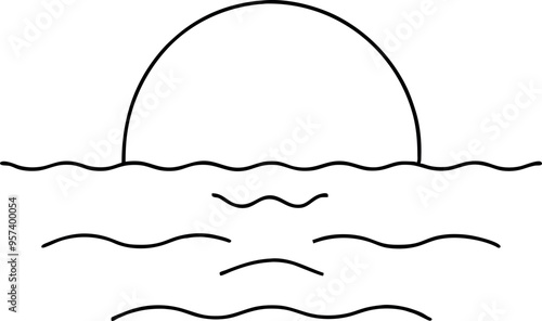 Minimalist Black and White Line Drawing of a Sunset Over Calm Ocean Waves, Symbolizing Tranquility and Simplicity in Nature