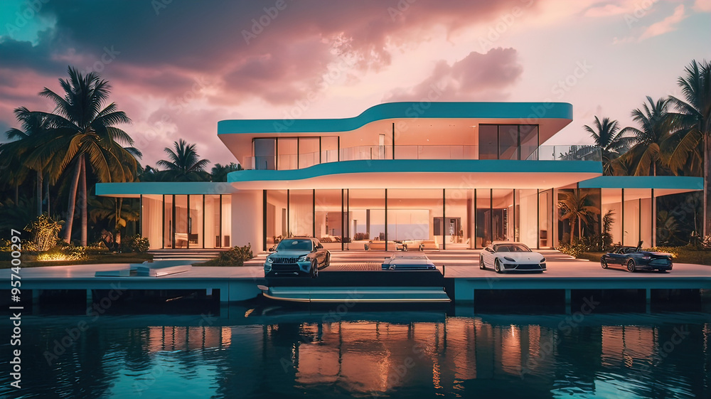 Fototapeta premium a modern mega-mansion with a pier and a boat tied to it,