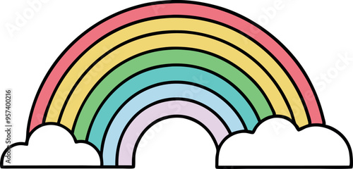 Colorful Rainbow Illustration with Clouds Symbolizing Hope and Joy in a Minimalist Style
