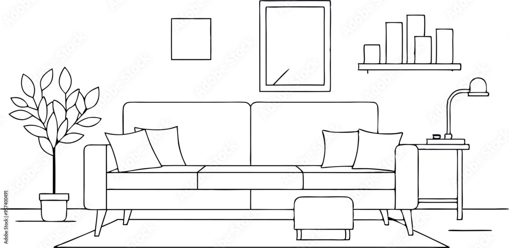 continuous single line drawing of corner sofa near fireplace. Scandinavian home interior design of modern living room, line art vector illustration continuous single line drawing of corner sofa near fireplace. Scandinavian home interior design of modern living room, line art vector illustration