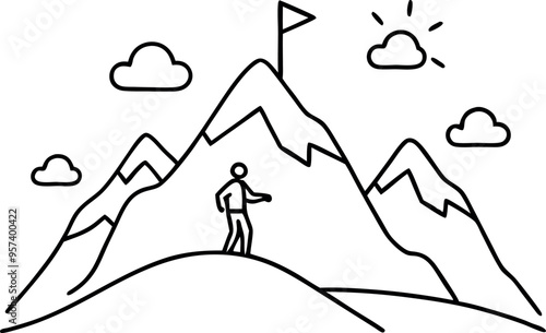 Minimalist Line Art Depicting a Lone Figure on a Mountain Peak with a Flag in a Serene Outdoor Scene