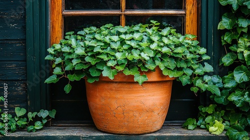  A potted plant sits on a wooden window sill with ivy climbing up its side