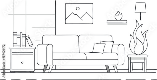 continuous single line drawing of corner sofa near fireplace. Scandinavian home interior design of modern living room, line art vector illustration