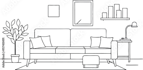 continuous single line drawing of corner sofa near fireplace. Scandinavian home interior design of modern living room, line art vector illustration