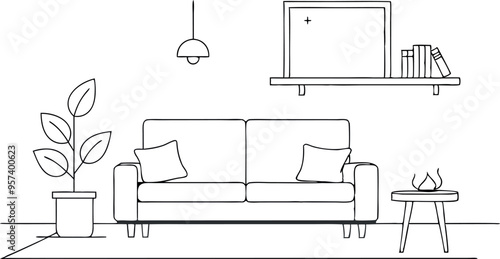 continuous single line drawing of corner sofa near fireplace. Scandinavian home interior design of modern living room, line art vector illustration