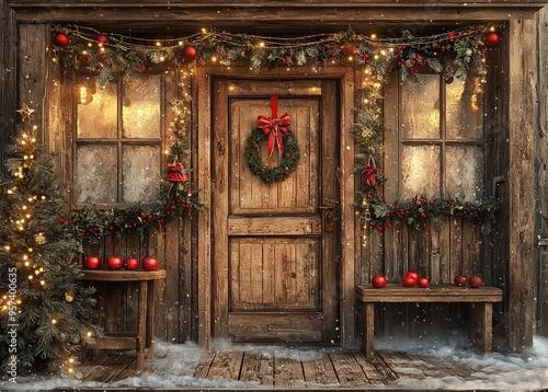 Festive wooden cabin with Christmas decor and snow, ideal for a holiday card.