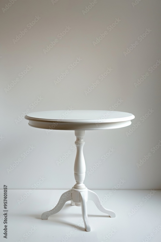 Round white table isolated against a white background, showcasing its sleek simple design. Round white table isolated against a white background, showcasing its sleek simple design.